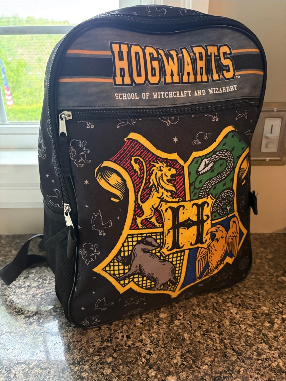 Hogwarts Crest Black Backpack with Colorful House Shield